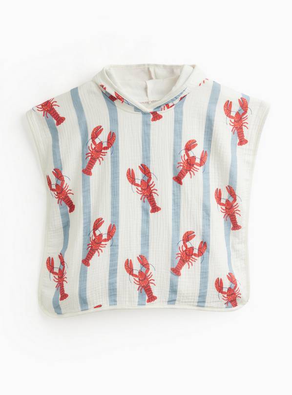 Blue Stripe Lobster Print Double Cloth Poncho Hooded Towel One Size